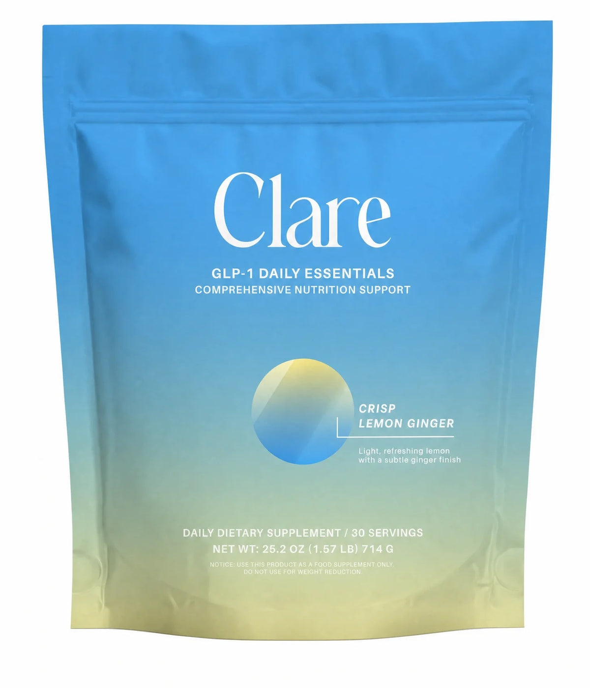 Clare GLP-1 Daily Essentials Crisp Lemon Ginger pouch on white background